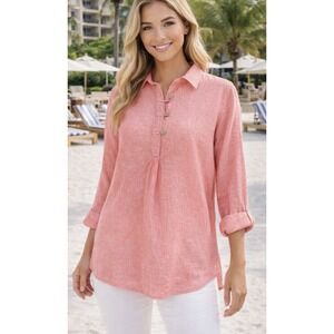Singrid Olsen Coral Pink‎ Linen Tunic Blouse Top Size 1X Coastal Cruise